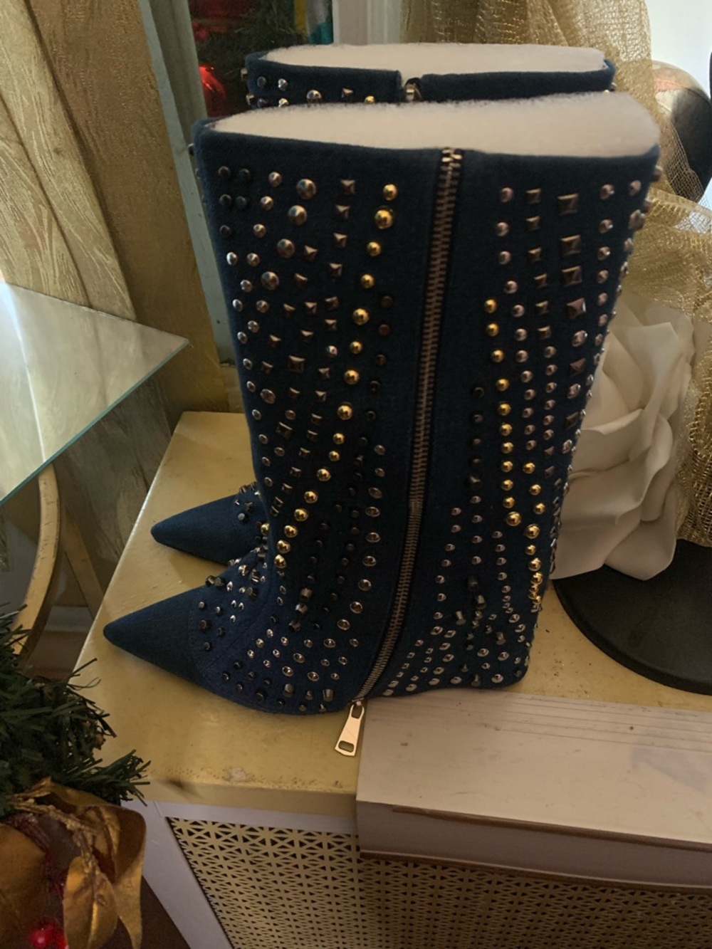 Studded Navy Pointed-Toe Knee Boots